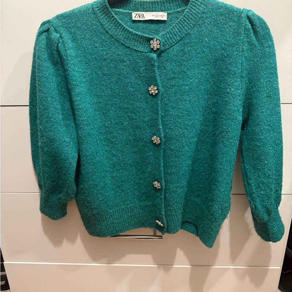 Zara Women's Green Sweater Small with jewel buttons